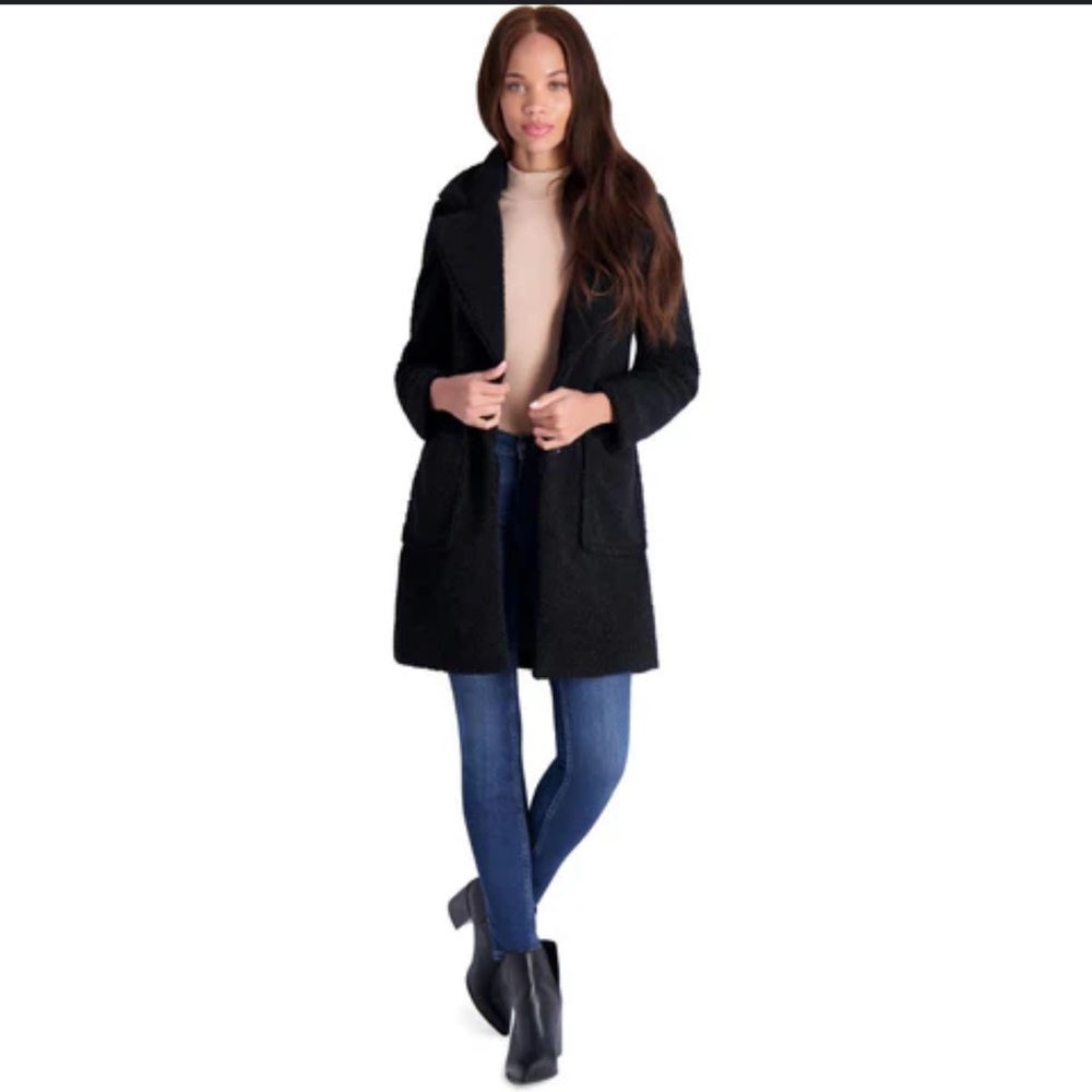 Jessica Simpson FAUX SHEARLING TEDDY LAPEL MIDI COAT Elegant Black Women's Coat